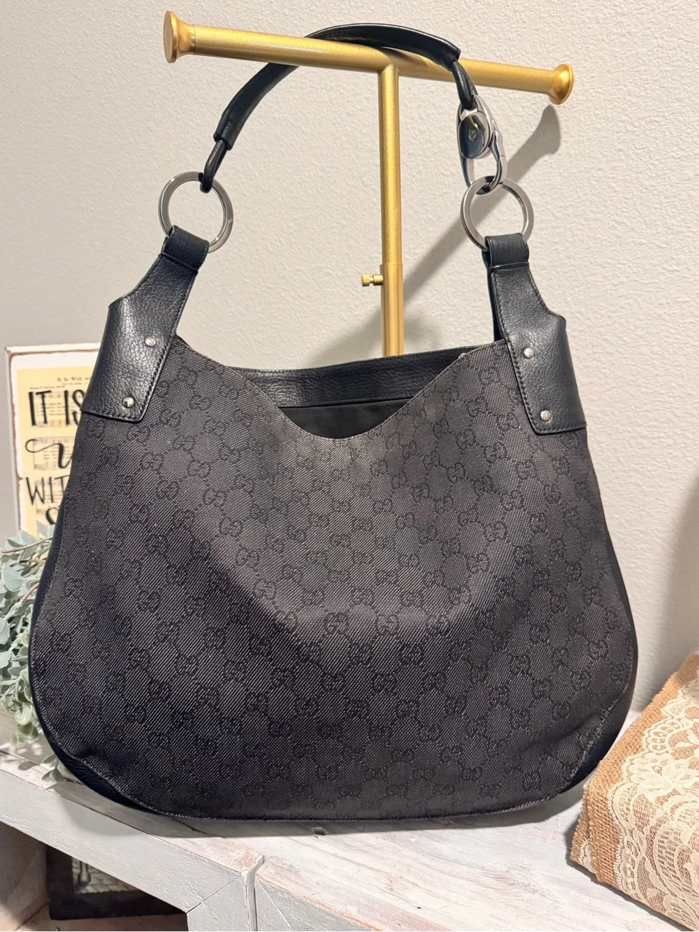 Gucci Black Monogram Hobo Bag with Leather Trim